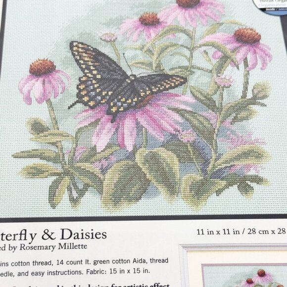 Dimensions BUTTERFLY & DAISIES Cross Stitch Kit   Pink Flowers #35249 NEW - Picture 3 of 9